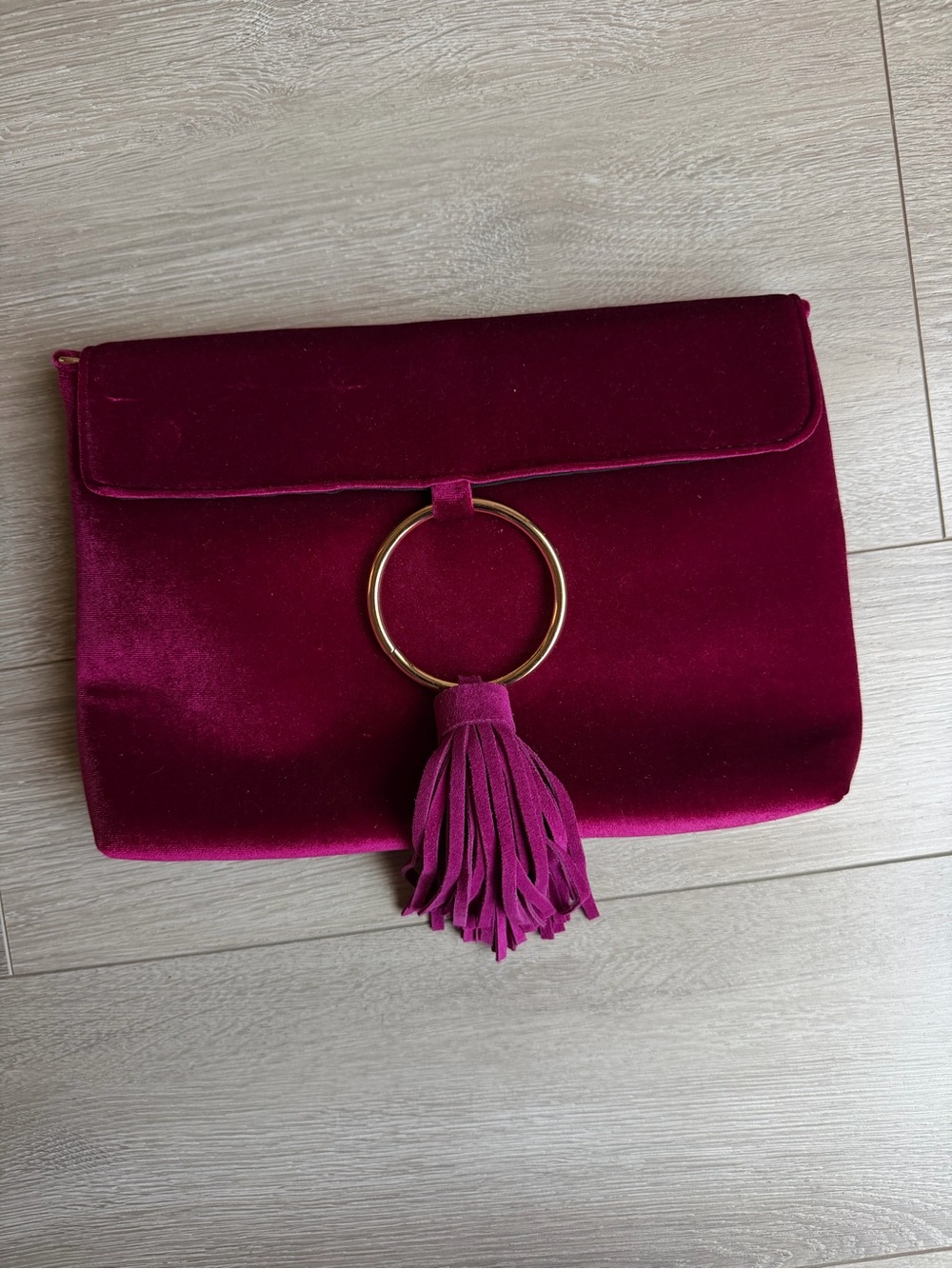 Anthropologie Velvet Tassel Ring Clutch - Magenta